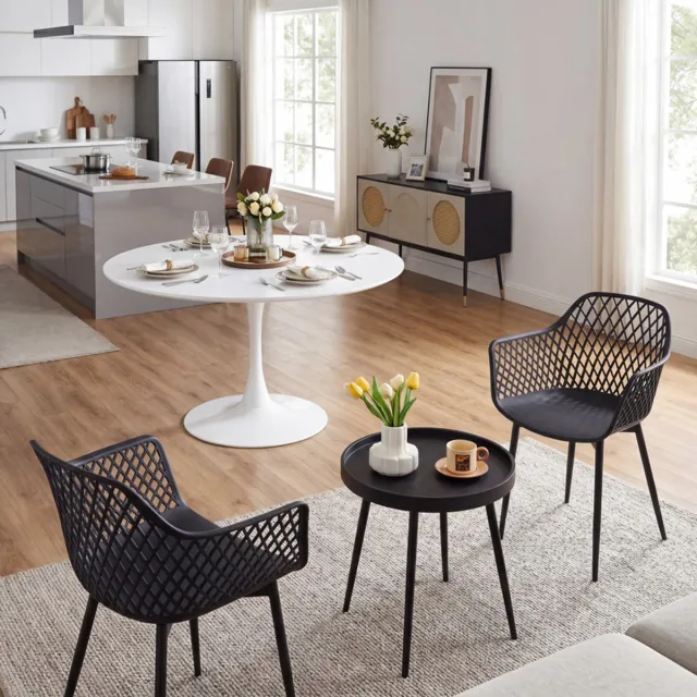 EGGREE Combinatieset: 3-delige tafel -en stoelenset + Ronde Witte eettafel/keukentafel 120 x 120 x 73 cm - Salontafel bijzettafel - Geschikt voor 2 tot 4 personen - Tafelblad met gesplitst ontwerp zwart
