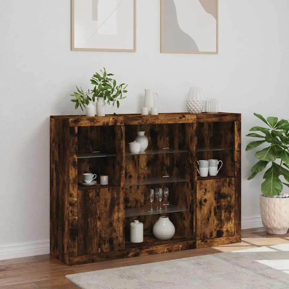 vidaXL Dressoirs met LED-verlichting 3 st bewerkt hout gerookt eiken, foto 4