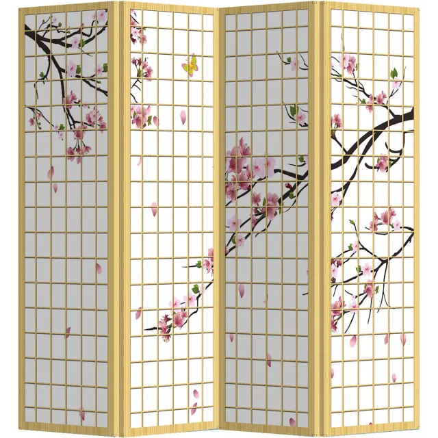 Fine Asianliving Kamerscherm Scheidingswand B160xH180cm 4 Panelen Japanese Sakura Wit, Multicolour