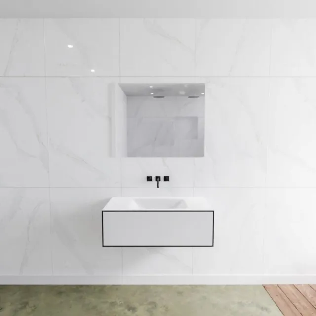 Mondiaz Badkamermeubelset Mondiaz LAGOM 90 cm met Gecentreerde Wastafel Solid Surface Zonder Kraangaten Mat Wit (1 lade)