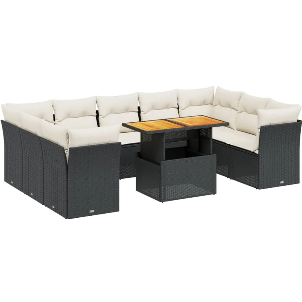 vidaXL 10-delige Loungeset met kussens poly rattan zwart
