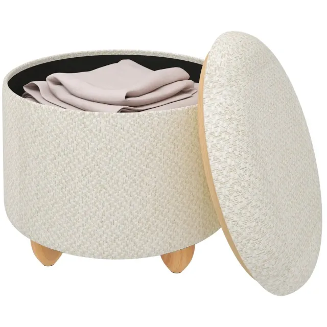 Klarven Opbergpouf Crème wit - Afneembaar Houten Dienblad - 21,5 Liter Opbergruimte, Draagvermogen tot 300 kg - Ø 39 x H 33 cm Donkergrijs
