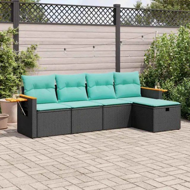 vidaXL 5-delige Loungeset met kussens poly rattan zwart, foto 2