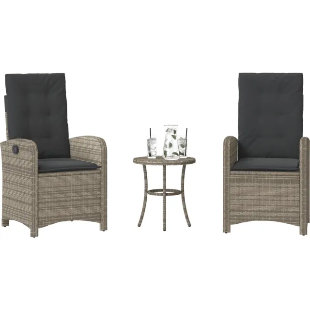 vidaXL 3-delige Bistroset met kussens poly rattan grijs