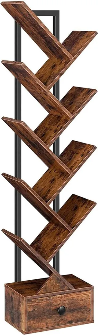 Trankielo Vintage Boekenkast met Lade – Multifunctioneel Staand Rek met 9 Niveaus – Boomvormige Vrijstaande Boekenplank voor Woonkamer, Slaapkamer en Thuiskantoor Rustiek Bruin, Zwart