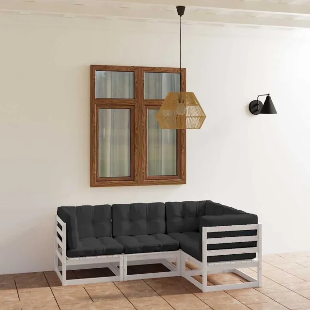 vidaXL 4-delige Loungeset met kussens massief grenenhout wit, foto 2