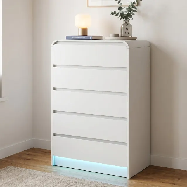 Mofor Ladekast met 5 lades - 73x40x110cm - Opbergkast met LED-verlichting - hout - modern minimalistisch - Wit