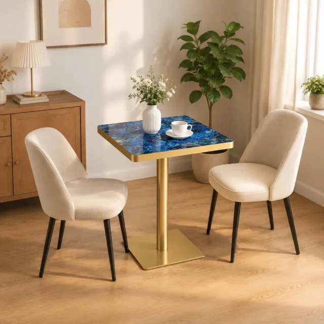 WUVRIE Vierkante eettafel 60x60 cm - MDF-blad met marmerlook en metalen onderstel - Blauw