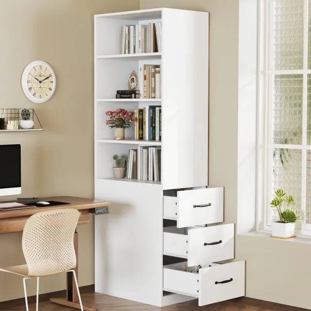 MODENUIT Boekenkast - Smal Model Met 3 Lades En Verstelbare Planken - Voor Woonkamer En Kantoor - Wit - 60x38x180 Cm
