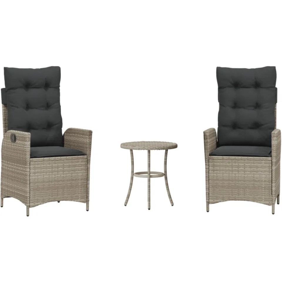 vidaXL 3-delige Bistroset met kussens poly rattan lichtgrijs