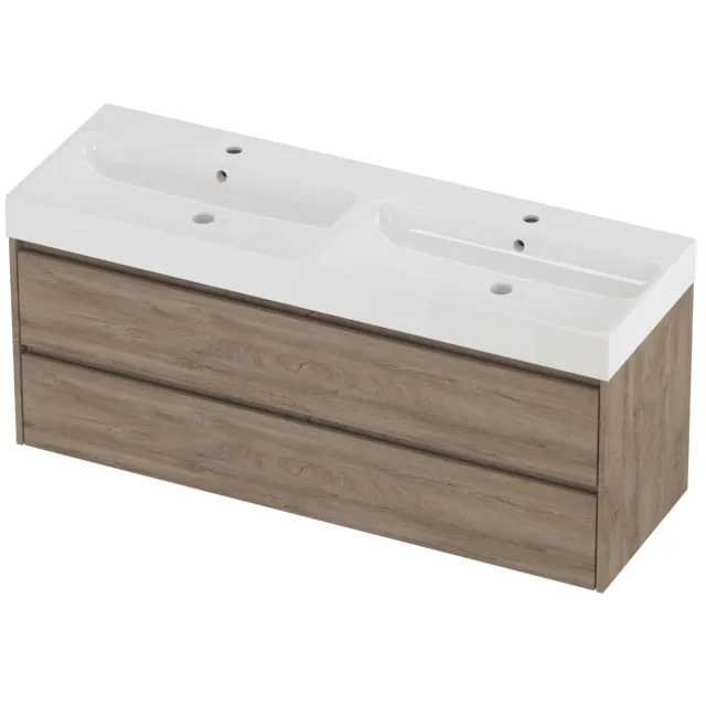 Proline Podium Badmeubelset Polystone Loft 2 Gaten 140x46x62 cm Glans Wit Raw Oak Eiken