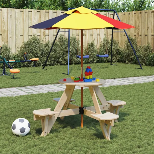 vidaXL Picknicktafel voor 4 kinderen met parasol rond vurenhout bruin, foto 2