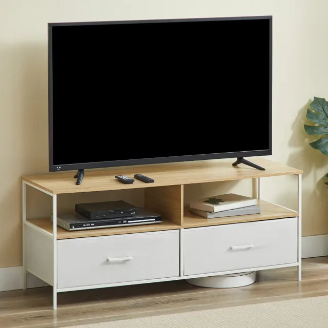 CASABEL tv-meubel van 120 cm in wit metaal en MDF met 2 stevige stoffen lades en open schappen, modern en robuust design.