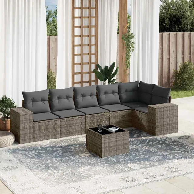 vidaXL 7-delige Loungeset met kussens poly rattan grijs, foto 2