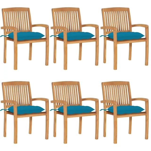 vidaXL Tuinstoelen stapelbaar 6 st met kussens massief teakhout Blauw