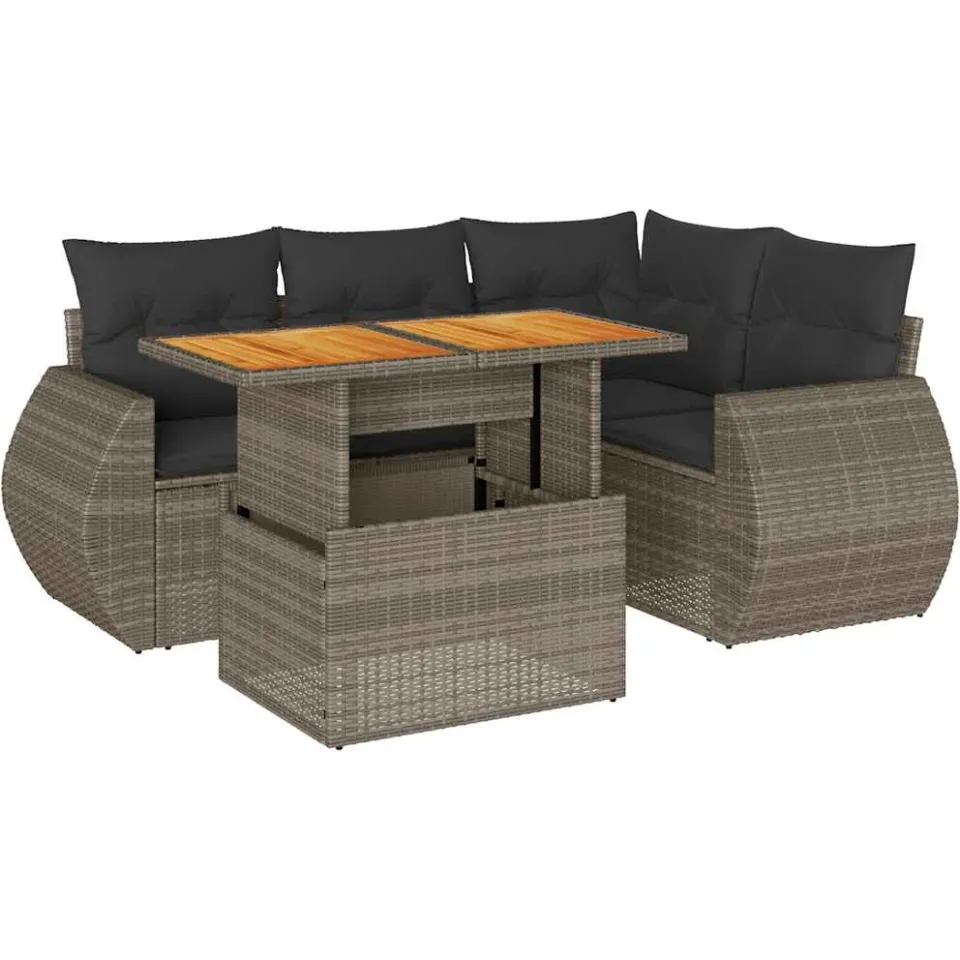 vidaXL 5-delige Loungeset met kussens poly rattan grijs, foto 3