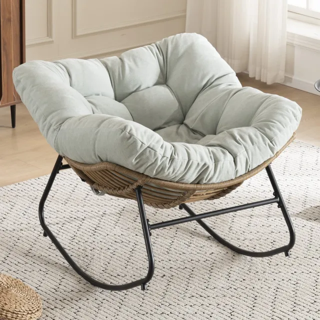 FloraGrace Schommelstoel – Chenille Fauteuil – Met Gewatteerde Zitting En Stevig Metalen Frame – Voor Woonkamer, Slaapkamer Of Leeshoek – Lichtblauw Light Blue