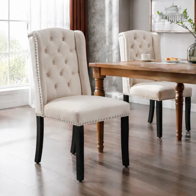 CHICFURN Eetkamerstoel - Gecapitonneerd - Houten poten - Beige