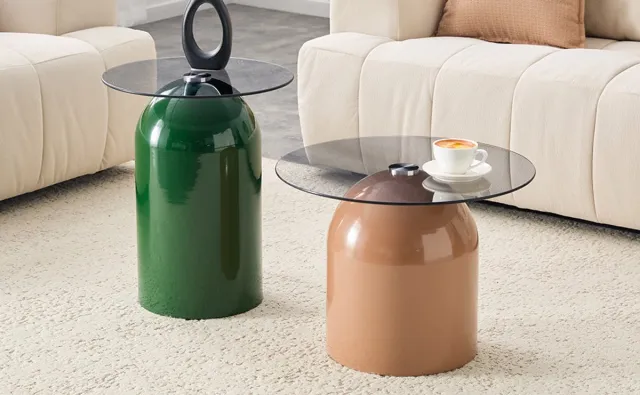 HAUSS SPOLE Salontafelset - 2 Delige Ronde Tafels Met Gehard Glas En Hoogglans Metaal - Nestbaar Voor Woonkamer En Slaapkamer - Groen Lichtbruin
