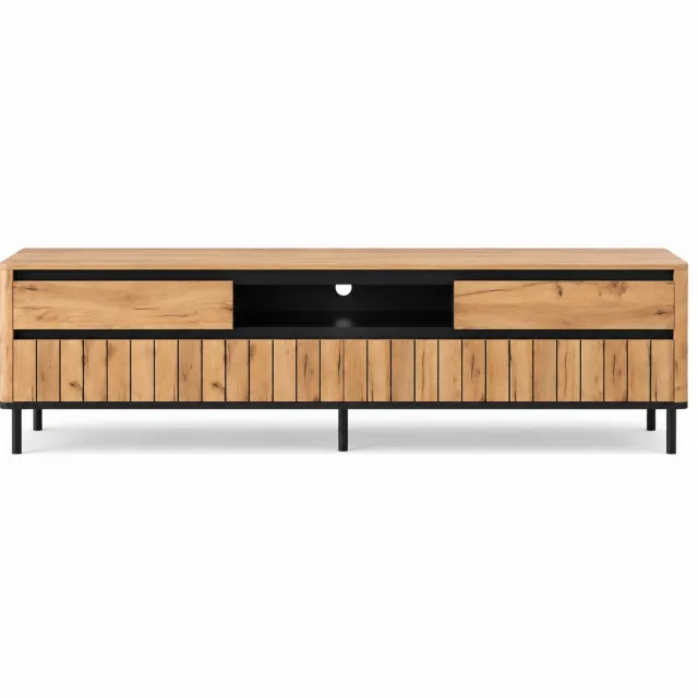 Luxevo TV Meubel 180 cm – Met 2 Lades & 2 Klapdeuren – Hout & Zwart Metaal – Eiken Look