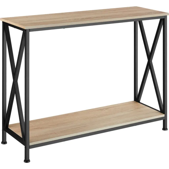 Tectake Consoletafel met 2 houten planken - Haltafel in industrieel design - Bijzettafel voor hal, entree, woonkamer - Zwart metalen frame - Afmeting (LxBxH) 100 x 35 x 80,5 cm - Lichtbruin