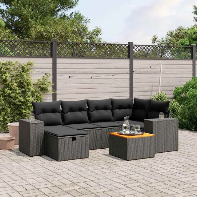 vidaXL 7-delige Loungeset met kussens poly rattan zwart, foto 2