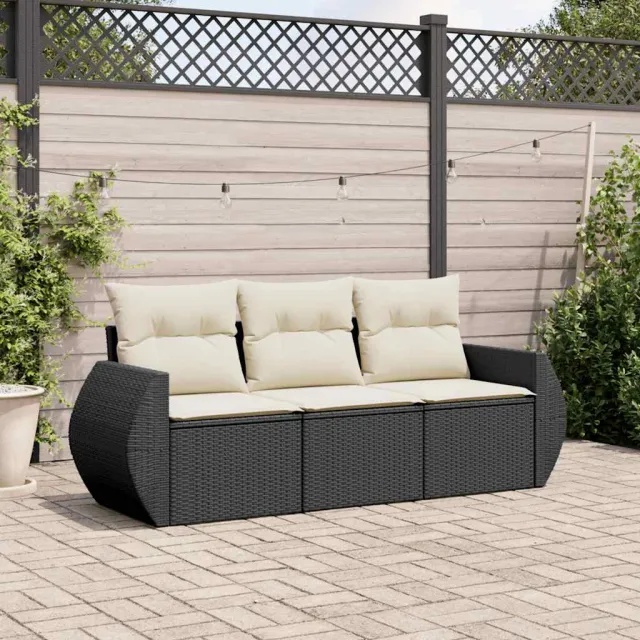 vidaXL 3-delige Loungeset met kussens poly rattan zwart, foto 2