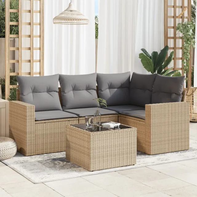vidaXL 5-delige Loungeset met kussens poly rattan beige, foto 2