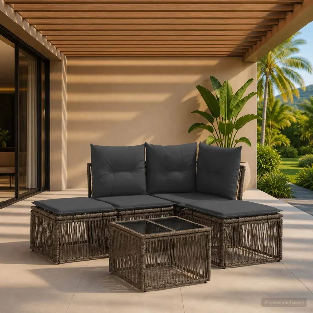 vidaXL Tuinbankenset 5 st 4-zits Grijs poly rattan, foto 2