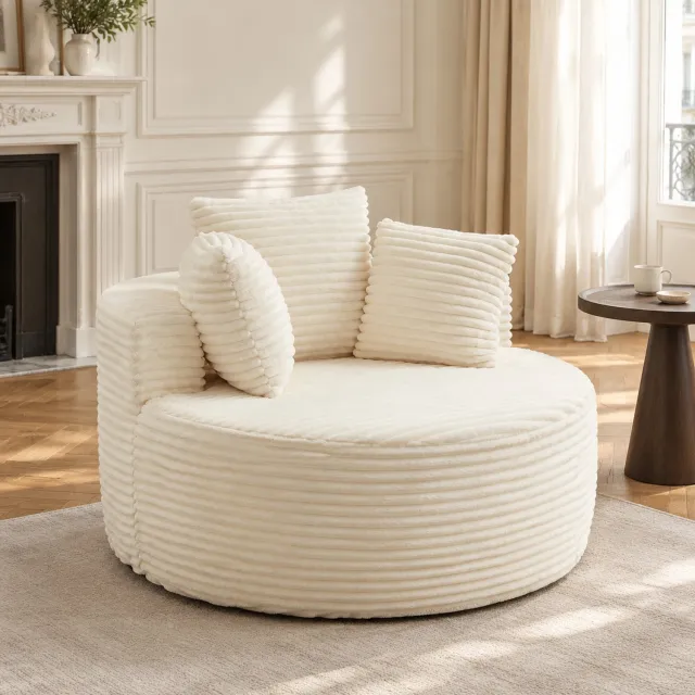 OKWISH Fauteuil - Rond 110 cm - Met 3 Sierkussens En Brede Armleuningen - Voor Woonkamer Slaapkamer En Leeshoek - Ribstof - Beige
