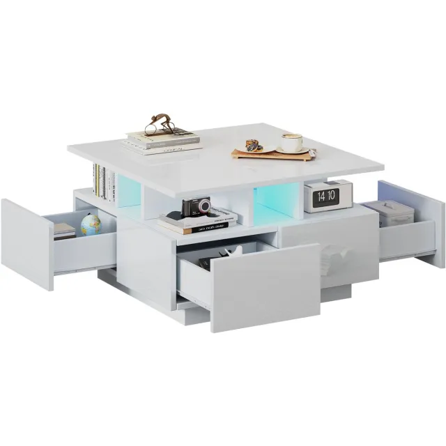 MODFU Salontafel 70x70x40 cm van spaanplaat, wit, kubus met geïntegreerde LED en 4 lades, geometrisch design
