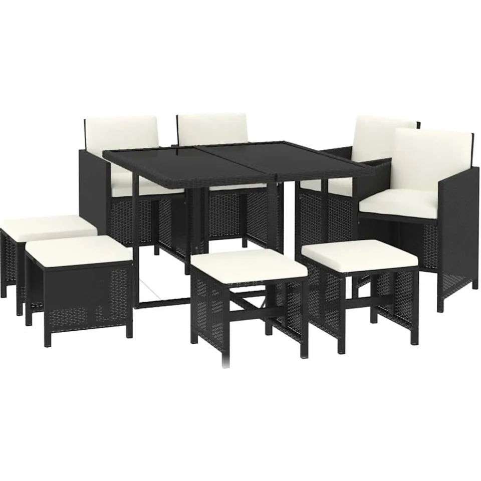 vidaXL 9-delige Tuinset met kussens poly rattan zwart