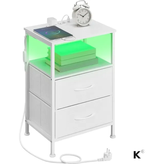Klarven Nachtkastje Wit - Nightstand - Met LED-verlichting en Oplaadstation - 2 Lades, Open Vak - 39,6x30x60,4 cm