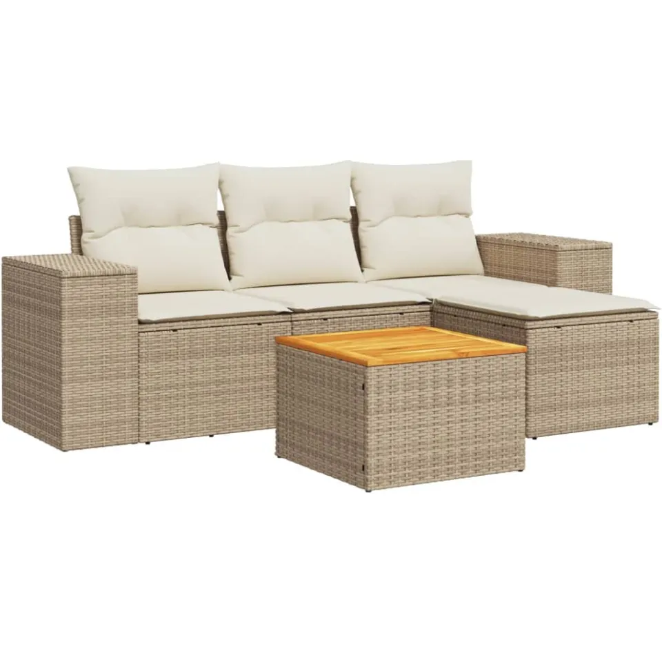 vidaXL 5-delige Loungeset met kussens poly rattan beige, foto 3