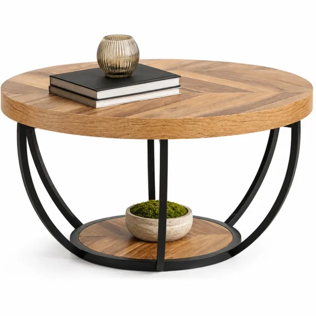 DMG Supply Ronde Salontafel 80 cm - 2 Lagen met Opbergplank - Industrieel - Bruin/Zwart