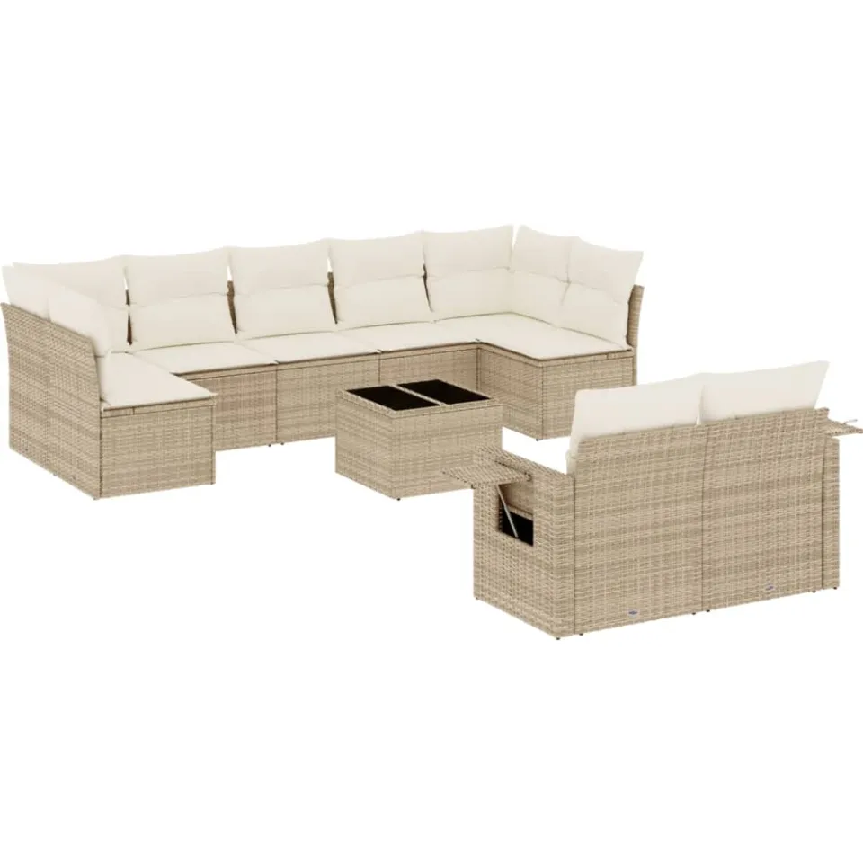 vidaXL 10-delige Loungeset met kussens poly rattan beige