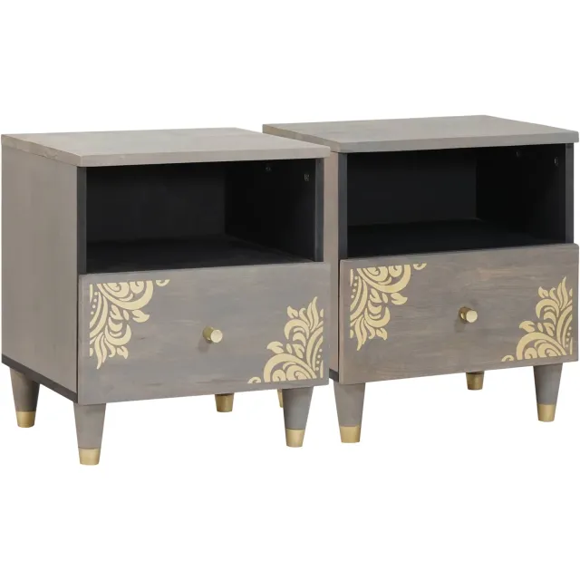 vidaXL Nachtkastje 2 st Grijs 40 x 33 x 46 cm Massief Mango Hout Bruin