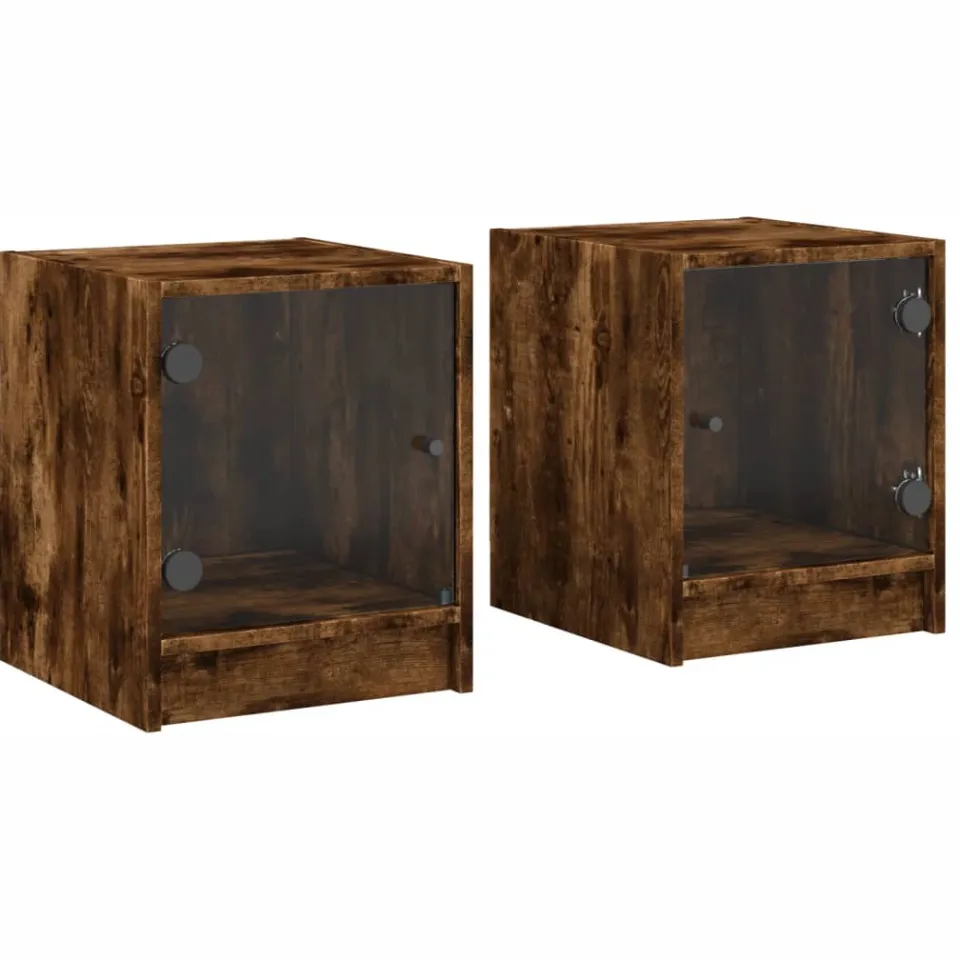 vidaXL Nachtkastjes met glazen deuren 2 st 35x37x42 cm gerookt eiken Bruin