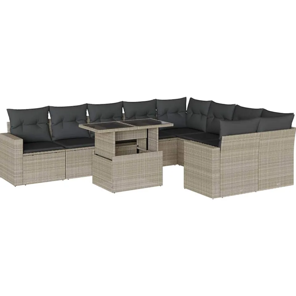 vidaXL 10-delige Loungeset met kussens poly rattan lichtgrijs grijs, foto 3