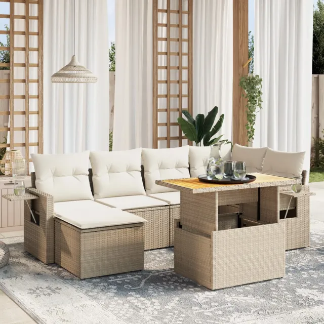 vidaXL 7-delige Loungeset met kussens poly rattan beige, foto 2