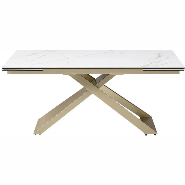 Vente-unique Verlengbare eettafel 6 tot 10 personen van keramiek, gehard glas en metaal - Wit marmereffect en goudkleurig - XERENA van Maison Céphy