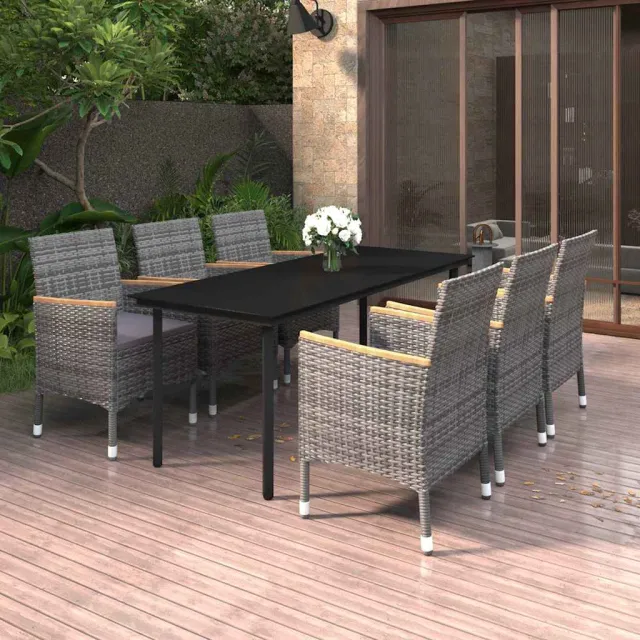vidaXL 7-delige Tuinset met kussens poly rattan en glas grijs