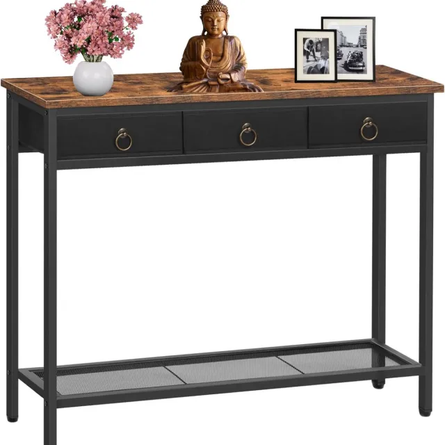 Signature Home Mumbai Consoletafel - Console tafel haltafel - slanke bijzettafel met 3 lades van vliesstof - Wandtafel metalen frame - industrieel - bruin Zwart - 25x 100x 80 cm Bruin - Zwart
