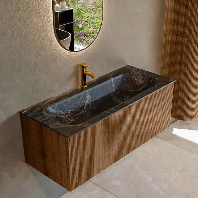Mondiaz KURVE-DLUX 110 cm Onderkast Greeploos 1 Lade Zonder Deuren Walnut, Wastafel Solid Surface Volledig Lava 0 Kraangaten Zonder Spiegel (KRVBGM1101L0D0KM-Wal/Lav)