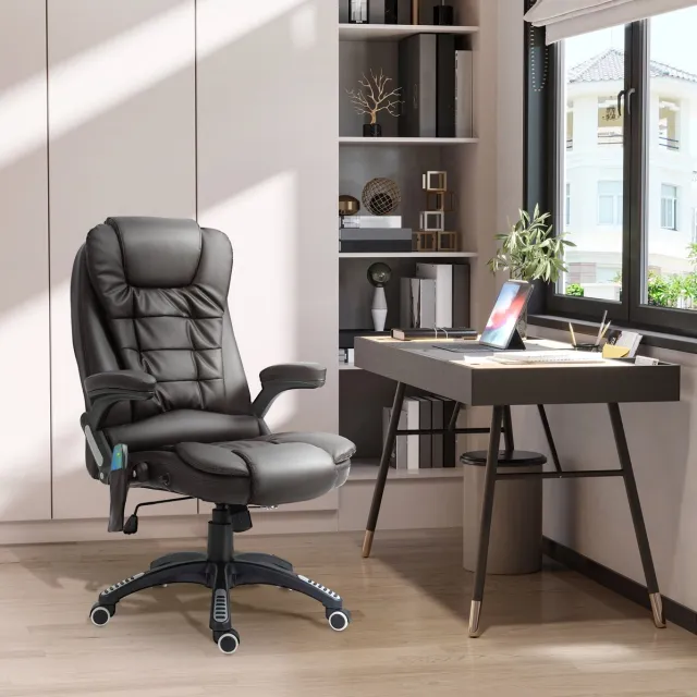 MEUNIQ bureaustoel met 6-punts vibratiemassage, warmtefunctie en vaste armleuningen, kunstleer, 360° draaibaar met wielen en verstelbare zithoogte 44-54 cm Zwart