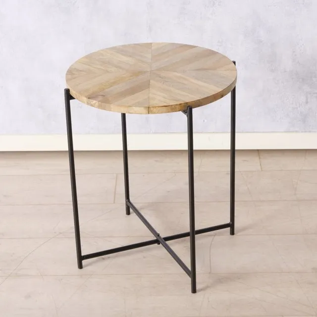 Boltze bijzettafel visgraat - metaal zwart - hout koffietafel 53x46cm.