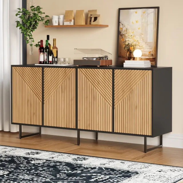 REDOM Sideboard - 4 deuren - onderverdeelde opbergruimte - vacuümgevormd deurdesign - symmetrisch ontwerp - woonkamer - spaanplaat - naturel hout en zwart - 160 x 40 x 75 cm