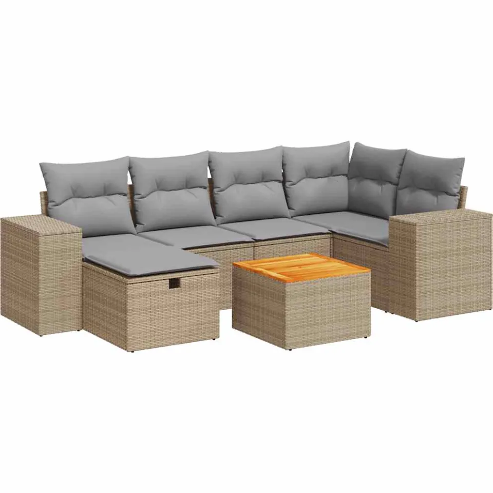 vidaXL 7-delige Loungeset met kussens poly rattan beige, foto 3