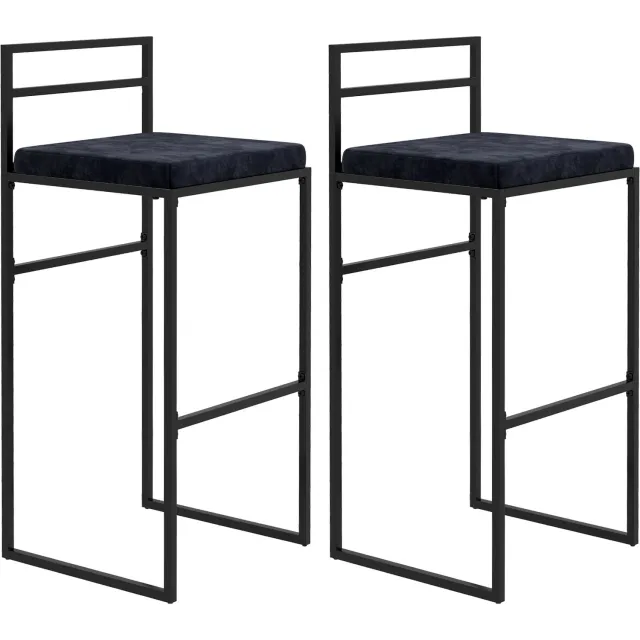 Lunpog Set van 2 hoge stoelen, barkrukken, hoogte 74 cm, stalen frame, zitkussen van fluweel, voetensteun, barstoelen, elegante moderne stijl, zwart