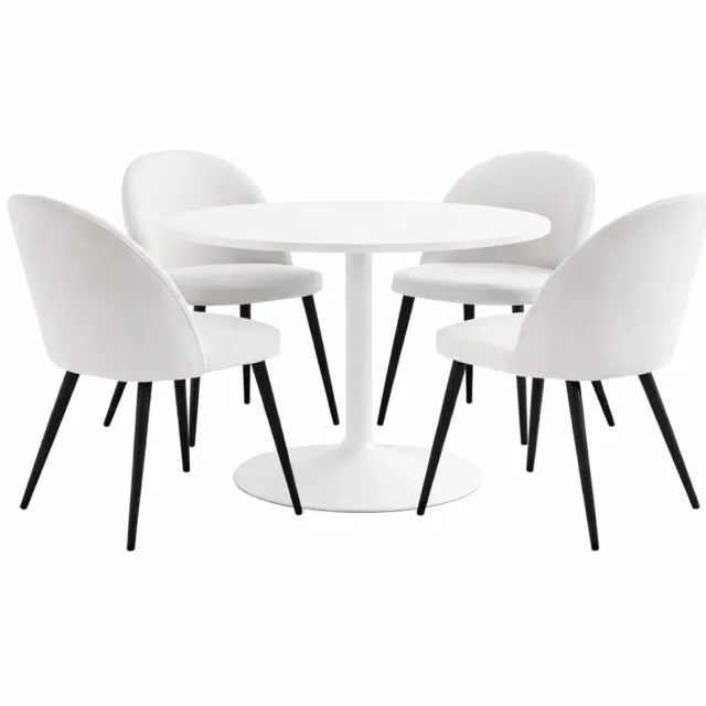 Actona Carry eethoek tafel Ø110cm, 4 stoelen fluweel beige. Wit